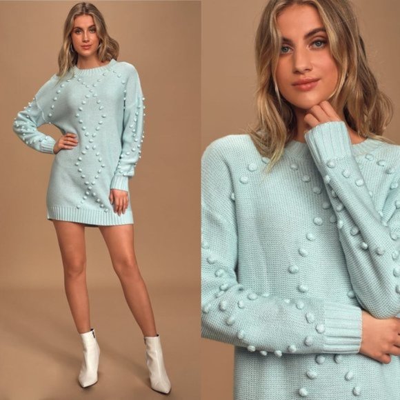 Pom Reader Light Blue Knit Pom Pom Sweater Dress - Picture 7 of 7